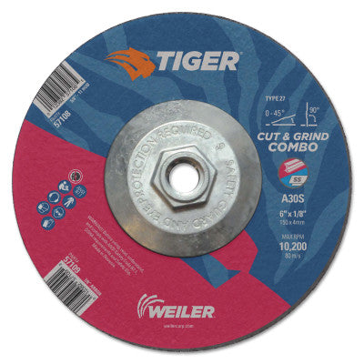Tiger Combo Wheels, 6 in Dia., 1/8 in Thick, 24 Grit, Aluminum Oxide
