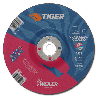 Tiger Combo Wheels, 6" Dia., 1/8" Thick, 7/8" Arbor, 24 Grit, Aluminum Oxide