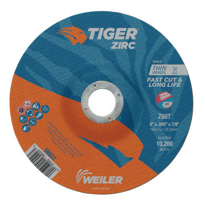 Tiger Zirc Thin Cutting Wheels, 6" Dia, .045 Thick, 7/8" Arbor, Grit 24