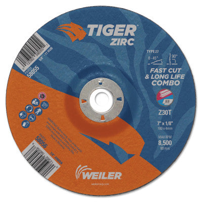 Tiger Zirc Combo Wheels, 7" Dia., 1/8" Thick, 7/8" Arbor, 30 Grit, Zirconium