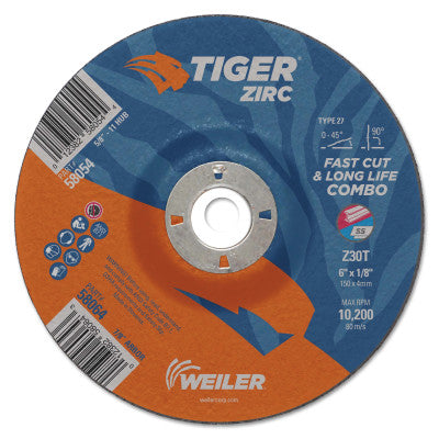 Tiger Zirc Combo Wheels, 6" Dia., 1/8" Thick, 7/8" Arbor, 60 Grit, Zirconium