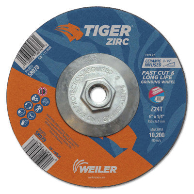 Tiger Zirc Grinding Wheels, 6 in Dia., 1/4 in Thick, 24 Grit, Zirconium