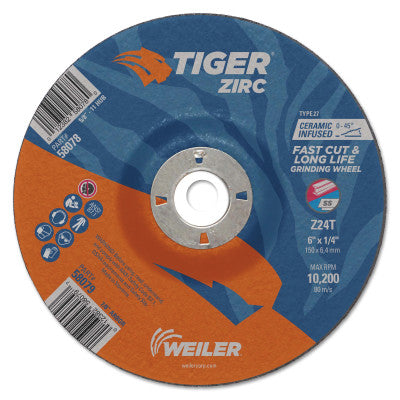 Tiger Zirc Grinding Wheels, 6 in Dia., 1/4 in Thick, 7/8 in Arbor, 24 Grit