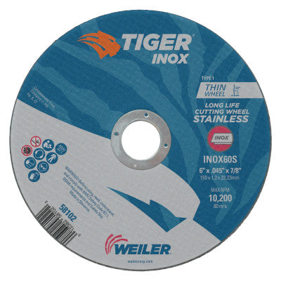 Tiger Inox Thin Cutting Wheels, 6 in Dia, .045 in Thick, 7/8 in Arbor