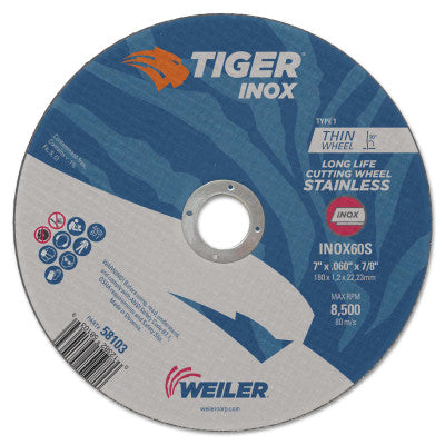 Tiger Inox Thin Cutting Wheels, Type 1, 7 in Dia., 0.045 in Thick, 7/8 in Arbor