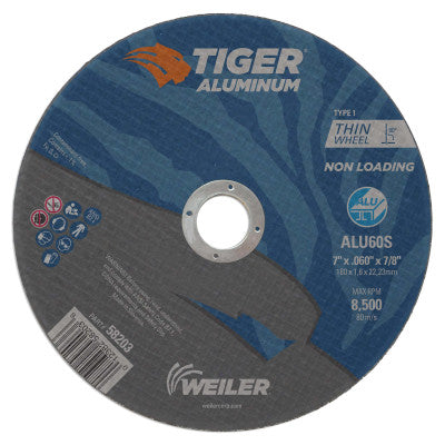 Aluminum Cutting Wheels, 7 in Dia., 7/8 in Arbor, Type 1, 60 Grit, Alum. Oxide