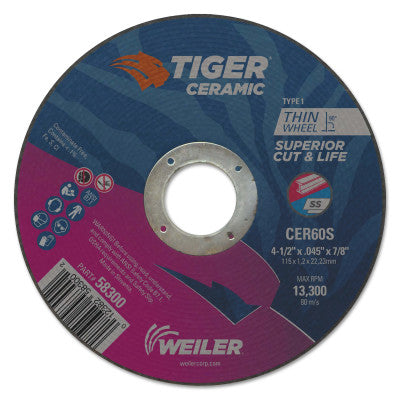 Tiger Ceramic Cutting Wheels, 4.5 in Dia, 0.045in Thick, 24/bx
