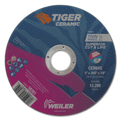Tiger Ceramic Cutting Wheels, Type 1, 5 in Dia., 0.045 in Thick, 7/8 in Arbor