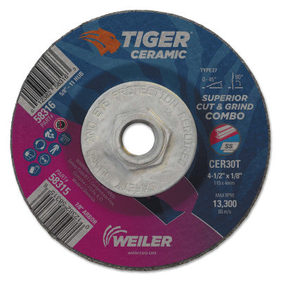 Tiger Ceramic Combo Wheels, 4.5 in Dia, 1/8 in Thick, 5/8 in Arbor,10/bx