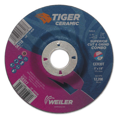 Tiger Ceramic Combo Wheels, 5 in Dia., 1/8 in Thick, 7/8 in Arbor, 30 Grit