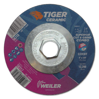 Tiger Ceramic Combo Wheels, 5 in Dia., 1/8 in Thick, 30 Grit, Ceramic Alumina