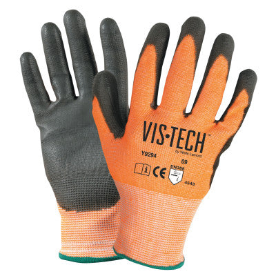 Vis-Tech Cut-Resistant Gloves with Polyurethane Coated Palm, XS, Orange/Black