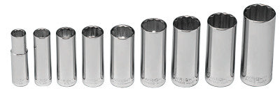 9 Piece Deep Socket Sets, 3/8 in, 12 Point