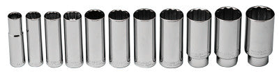 11 Piece Deep Socket Sets, 1/2 in, 12 Point