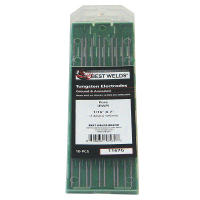 Tungsten Electrodes, 1/16 in Dia, 7 in Long, Pure Ground