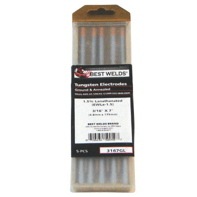 1.5% Lanthanated Tungsten Electrodes, 3/16 in Dia, 7 in Long