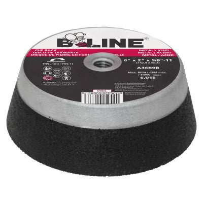 Cup Wheels With Steel Safety Back, 6", 5/8-11 Arbor, Aluminum Oxide