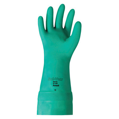 Solvex Nitrile Gloves, Gauntlet Cuff, Unlined, 22 mil, 15 in, Size 9, Green