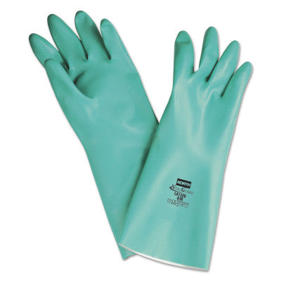 Nitriguard Plus Unsupported Nitrile Gloves, Straight, Flocked, 8, Green
