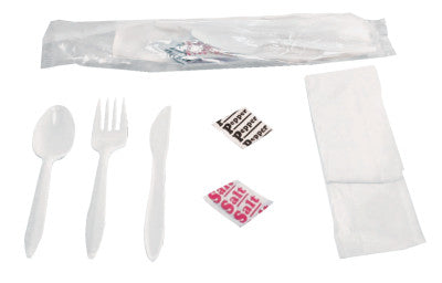 Wrapped Cutlery Kits, Fork, Knife, Spoon, Napkin, Salt & Pepper Packets