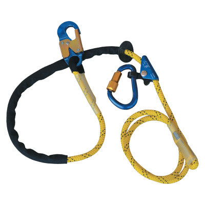 Pole Climber's Adj Rope Pos Lanyard, 8 ft, Snap Hook, 310lb Cap, Yellow/Blue