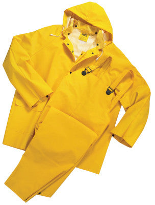 Three-Piece Rainsuit, Jacket/Hood/Overalls, 0.35 mm PVC/Poly, Yellow, Large
