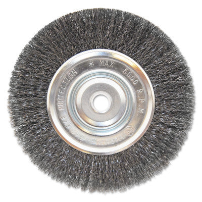 Light Duty Crimped Wheel Brushes, 6 D x 1/2 W, 0.014 Carbon Steel, 5/8" - 1/2"