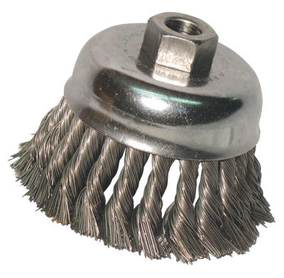 Knot Wire Cup Brush, 3 in Dia., 5/8-11 Arbor, .02 in Stainless Steel