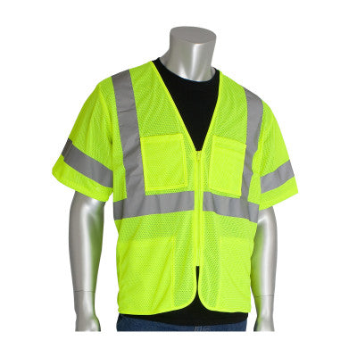 ANSI Type R Class 3 Value Four Pocket Zipper Mesh Vests, Small, Hi-Viz Yellow