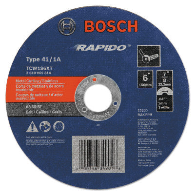 Thin Cutting/Rapido Type 1A (ISO 41) Wheels, 6 X .045, 7/8 in Arbor, AS60INOX-BF