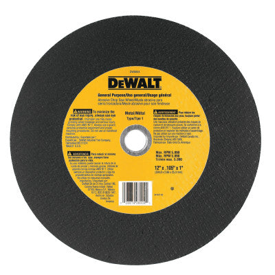 Type 1 - Cutting Wheels, 12 in, 1 in Arbor, A24R, 5,100 rpm, Metal Cutting