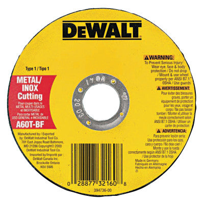 Type 1 Metal Thin Cut-Off Wheels, 4 1/2 in, 7/8 in Arbor, A60T Grit, 13,300 rpm