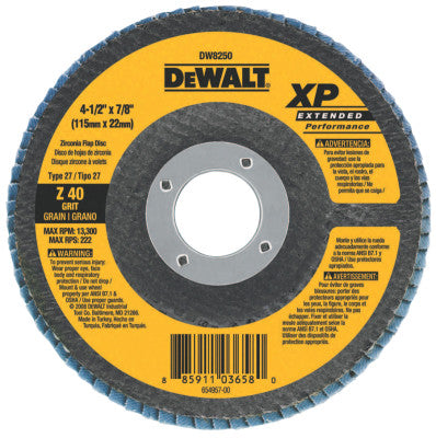 Extended Performance Flap Wheels, Type 27, 4 1/2", 7/8" Arbor, 40 Grit, Zirconia