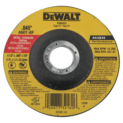 Hi-Performance Metal Grinding/Cutting Wheels,Type 27,4 1/2",7/8" Arbor,A60T Grit