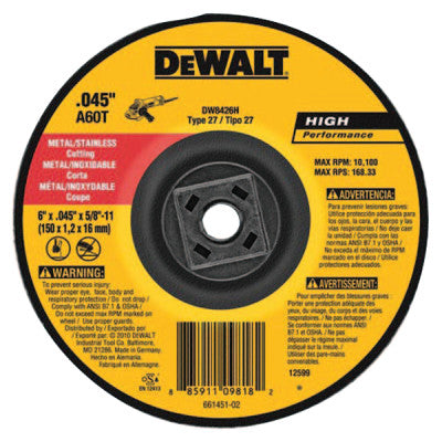 High Performance Metal Cutting Wheels, Type 27, 6 in, 40 Grit, Aluminum Oxide