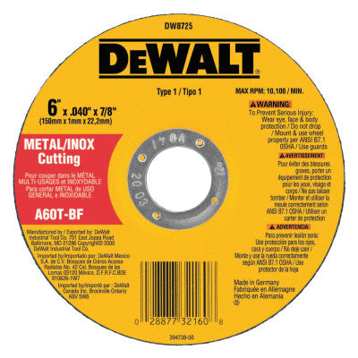 Type 1 Metal Thin Cut-Off Wheels, 6 in, 7/8 in Arbor, A60T Grit, 10,000 rpm
