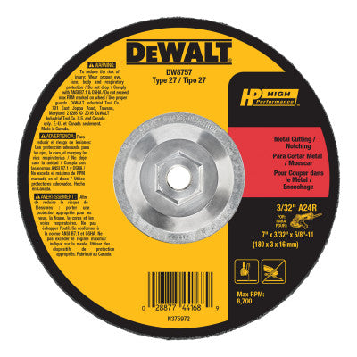 Type 27 HP Metal Cutting Wheels, 7 in Dia, 5/8 in - 11 Arbor, 0.45 in Thick
