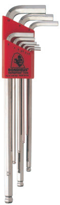 Balldriver L-Wrench Key Sets, 9 per holder, Hex Ball Tip, Metric, Chrome