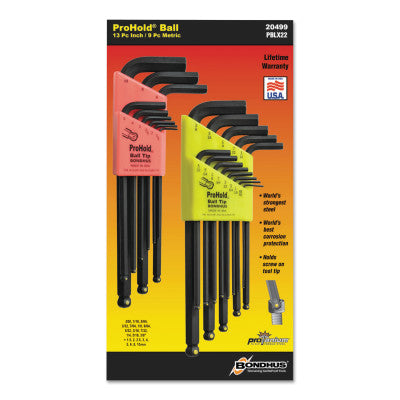 ProHold Balldriver L-Wrench Hex Key Sets, 22 per set, Hex Ball Tip, Inch/Metric