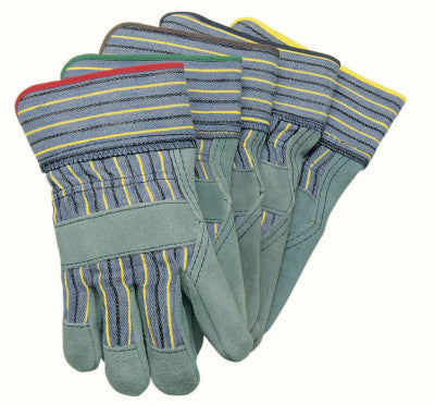 Select Split Cow Glove, Large, Leather, Blue Fabric w/Yellow Stripe, Knit Wrist