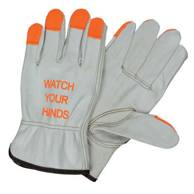 "Watch Your Hands" Drivers Gloves, Small, Beige/Hi-Vis Orange/Red