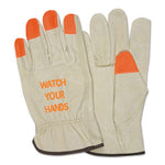 "Watch Your Hands" Drivers Gloves, X-Large, Beige/Hi-Vis Orange/Blue