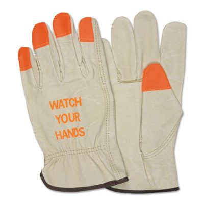 "Watch Your Hands" Drivers Gloves, Medium, Beige/Hi-Vis Orange/Green