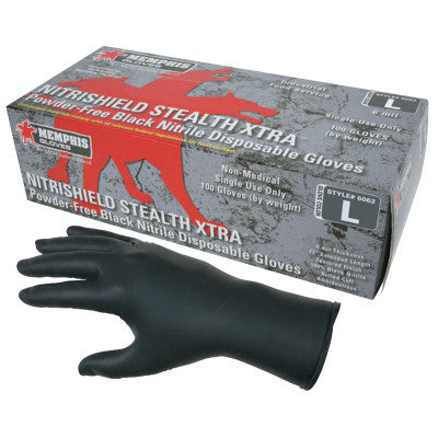 NitriShield Stealth Extra Gloves, Rolled Cuff, Large, Black