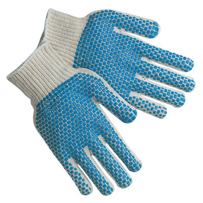 PVC Dot String Knit Gloves, Small, 2-Sided Blocks, Natural/Blue/Yellow