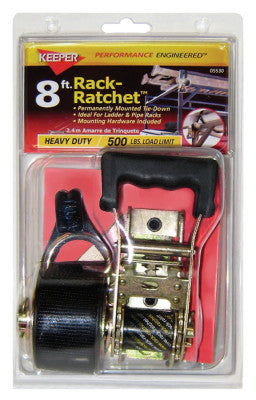 Rack-Ratchet Tie-Downs, Double-J Hooks, 1 1/2 in W, 8 ft L, 500 lb Capacity