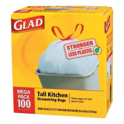 Tall Kitchen Drawstring Bags, 24 x 27 3/8, 13gal, .95mil, White