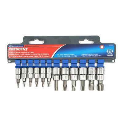 12 Pc. Torx Bit Socket Sets, 1/4 in, 3/8 in in Dr, T 10 to T 60 Opening