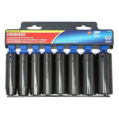 8 Pc. 6 Point Deep Impact Metric Socket Sets, 1/2 in Dr, 12 mm to 22 mm Opening