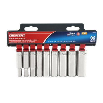 9 Piece 3/8 in Drive 6 Point Deep Socket Sets, 1/4 in - 3/4 in, SAE